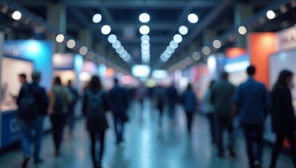 Blur, defocused background of public exhibition hall. Business tradeshow, job fair, or stock market. Organization or company event, commercial trading, or shopping mall marketing advertisement concept