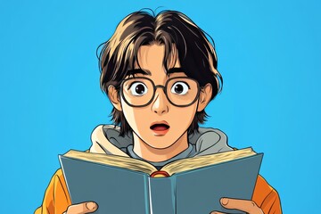 anime style,male teenage student reading a book and showing an expression of surprise 