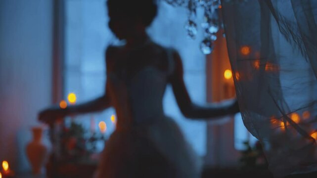 Shadow blurred silhouette of woman queen, vintage white dress. sexy girl princess by window. Fantasy fairy tale victorian lady, dusk dark room old style warm candles flame light burning. video art 4k