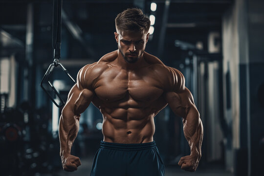 Powerful muscular bodybuilder posing in gym intense fitness workout strong man sport gains muscle