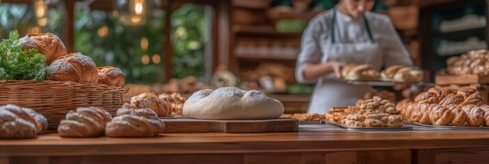 A baker presents freshly baked bread and pastries in a rustic bakery.