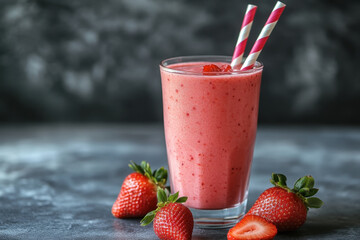 Strawberry smoothie with straws and strawberries on wooden table, vibrant colors, refreshing drink perfect for summer.