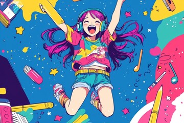 Anime illustration of a cute artist girl wearing colorful t-shirt with short girl pants , jumping up excitedly, a big size yellow pencil, a color board, a headphone set on her head