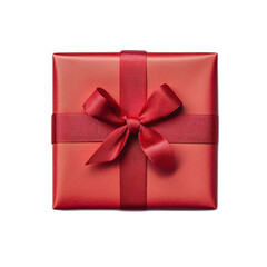 This image is of a single square gift box wrapped in red paper with a red ribbon.