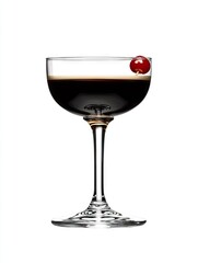 Black cocktail, cherry garnish, coupe glass, white background, drink menu