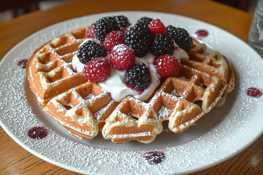 Waffles with mixed berries and yogurt in a stylish breakfast nook