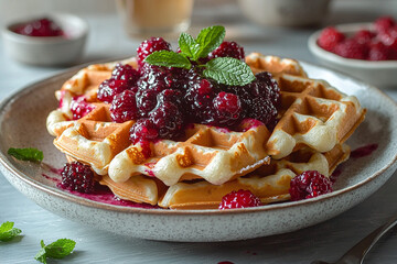 Waffles with mixed berry compote and mint leaves in a stylish brunch spot