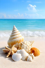 Seashells and starfish on a tropical beach