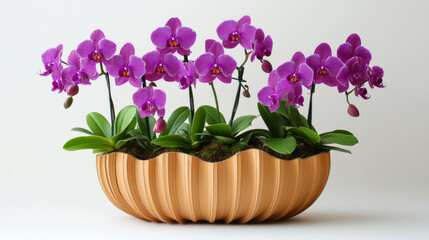 Obraz premium Vibrant purple orchids in wave shaped planter create stunning display