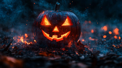 Spooky halloween jackolantern burning in embers dark night autumn festive scary fire black smoke
