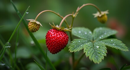 A macro shot of a ripe wild strawberry growing in lush green grass, with tiny seeds and delicate leaf veins sharply visible. 