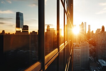 Sunset view from a high-rise building in the city skyline with reflections and warm colors
