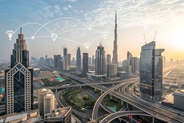 A futuristic urban landscape with interconnected digital nodes, showcasing innovation, IoT, and technology-driven infrastructure.