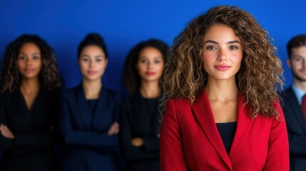 Obraz premium Confident Businesswoman Standing in Front of Colleagues Against Blue Background