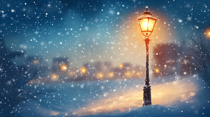 Serene winter night scene with glowing street lamp in snowfall. Frosted Luminance. Illustration