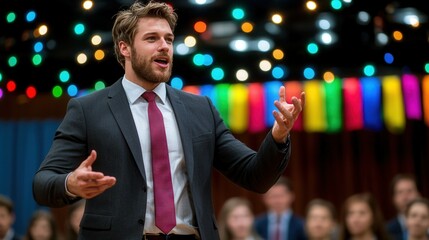 Businessman Speaking at Event with Colorful Lights and Engaged Audience