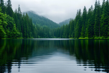 Serene lake nestled in a misty mountain forest