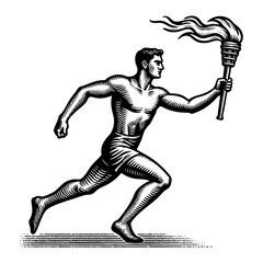 male athlete running with a flaming torch, symbolizing determination and achievement sketch engraving generative ai raster illustration. Scratch board imitation. Black and white image.