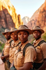 Fototapeta premium Four park rangers stand tall, showcasing their commitment to conservation in a majestic canyon landscape.