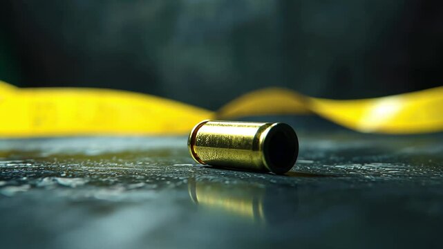 Crime Scene Caution Single Shotgun Shell and Bullet on Wet Surface with Yellow Tape and Ammunition