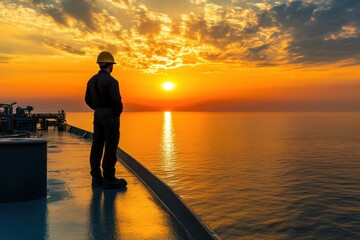Worker Watching Sunset from Ship Deck Over Calm Sea Water Surface