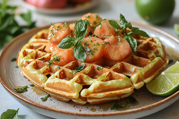Waffles with papaya and lime in a bright, cheerful dining room