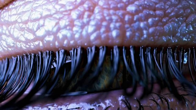 Extreme macro photography of human eye revealing complex textural details of eyelashes, iris, and eye surface with intricate organic patterns and color variations