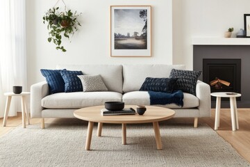 Modern living room with light sofa, round coffee table, and blue cushions.