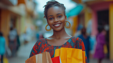 Portrait of a Woman Enjoying a Colorful Urban Street While Shopping, Smiling with Joy and Confidence