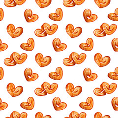 French dessert illustration seamless pattern with palmier cookies, watercolor, and sweet pastry designs.