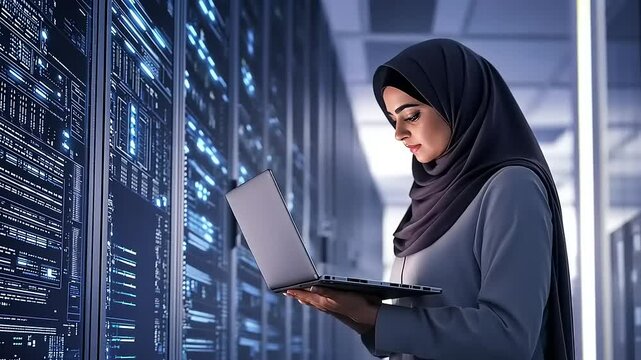 Woman in hijab working on laptop in a data center with servers and technology in the background