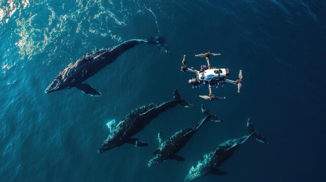 Aerial view of a drone hovering over a whale pod in the deep blue ocean waters