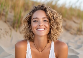Smiling Young Woman with Freckles on Sandy Beach