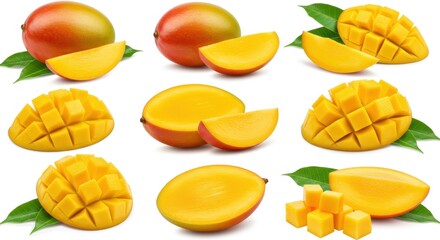 Fototapeta premium Mangoes - Assorted Slices, Halves, and Cubes
