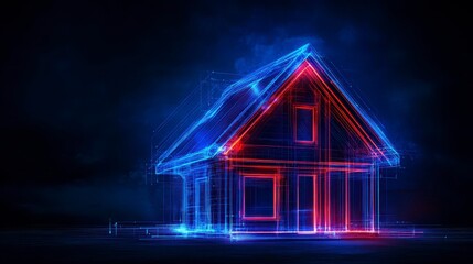 Futuristic digital rendering of a house illuminated by blue and red neon lights against a dark background