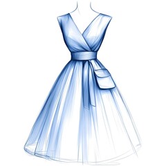 Contemporary Cocktail Dress Illustration: A 2D Vector Line Sketch Featuring Minimalist Style and Soft Curves
