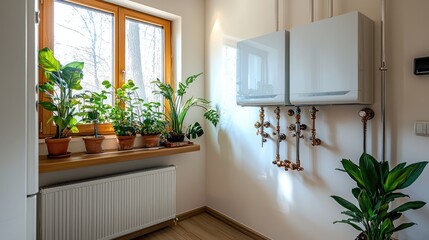 Plumbing and heating installation featuring a sleek, modern boiler setup with radiator system.
