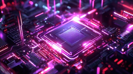 Obraz premium Quantum Chip Glowing Under Swirling Holographic Light