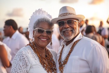 Celebrating together at a vibrant beach gathering during sunset with joyful expressions and traditional attire