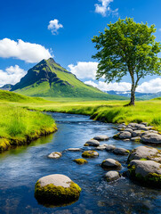 Serene mountain stream, vibrant green meadow, solitary tree, bright sunny day