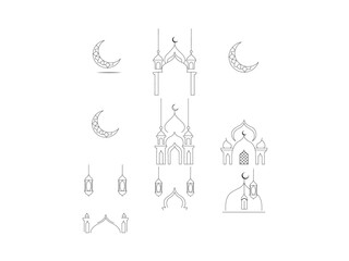 Elegant Islamic design elements for Ramadan or Eid. Minimal, line-art Islamic design elements vector outline design, suitable for Ramadan or Eid celebrations.