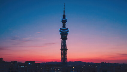 Obraz premium Mobile Network and Connectivity Concept, Stunning skyline view of communication tower at sunset