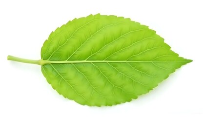 Obraz premium A close-up studio shot of a single, vibrant green leaf against a stark white background