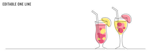 One continuous line drawing of cocktails. A summer party concept banner. Editable stroke, simple doodle design, vector illustration