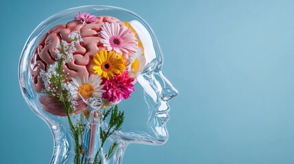 Blooming Mind: A Conceptual of the Brain - A transparent head model with a brain filled with vibrant flowers, symbolizing mental wellbeing and growth