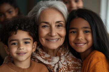 Fototapeta premium Smiling grandmother enjoys a warm embrace with her grandchildren at home during a family gathering in the afternoon
