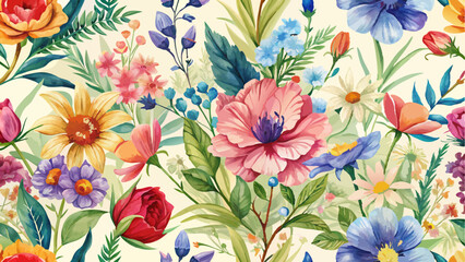 Beautiful floral summer seamless pattern with watercolor hand drawn field wild flowers. Stock illustration.