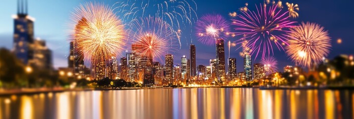 Obraz premium Cityscape Fireworks Display - Stunning fireworks explode over a city skyline, reflecting in calm water. A vibrant and celebratory scene