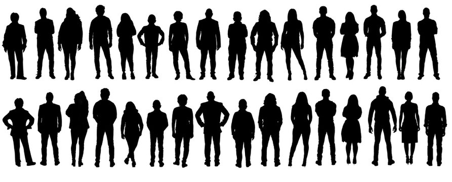 silhouette of  front and back view of same group of people on white background