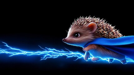 A heroic hedgehog in a blue cape races through a mystical storm, embodying bravery and adventure in a vivid fantasy world